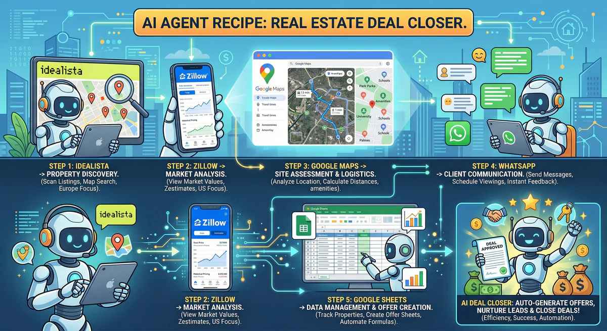AI Agent Recipe: Real Estate Deal Closer — Idealista + Zillow + Google Maps + WhatsApp + Google Sheets