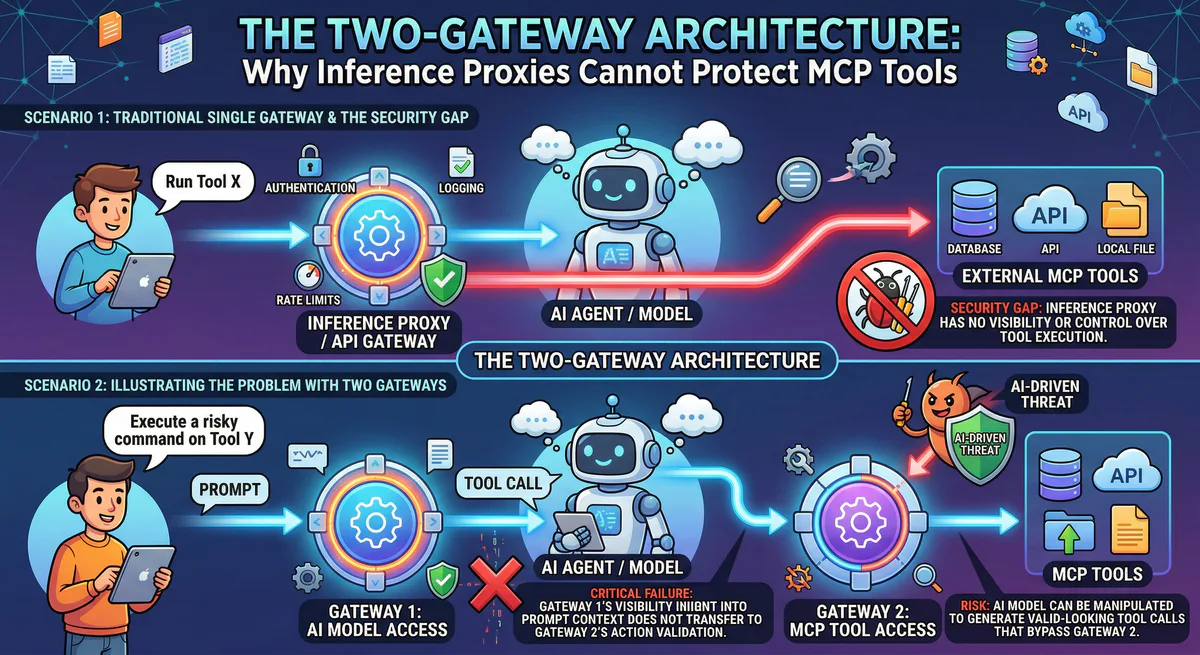 The Two-Gateway Architecture: Why Inference Proxies Cannot Protect MCP Tools