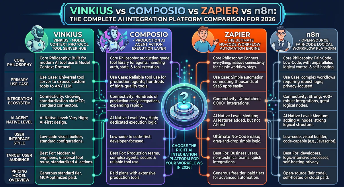 Vinkius vs. Composio vs. Zapier vs. n8n: The Complete AI Integration Platform Comparison for 2026
